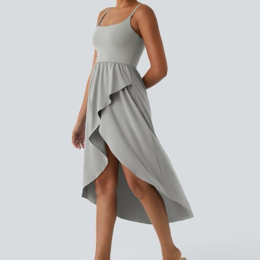 🆕 High Low 2-Piece Pocket Flowy Midi Quick Dry Casual Dress - Ghost Gray